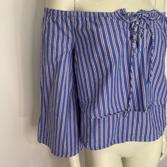 J.O.A. Lace Up Off The Shoulder Stripe Blue Top - Picture 3 of 8